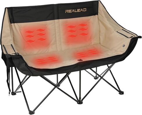 REALEAD Heated Double Camping Chair - Portable Heated Loveseat Chairs for Outdoor Sports with 3 Heat Levels and 4 Heating Zones - Heating Folding Chairs for Outside - Battery NOT Included in Saudi Arabia
