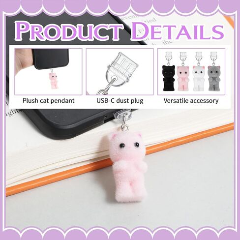 4 Pcs Dust Plug Charm Cute Cat USB c Dust Plug Charm Type C Cell Phone Anti-Dusts Plugs Compatible with Phone Type C Charging Ports for Readers Book Lover Women Men Types C Dusts Plugs in Saudi Arabia