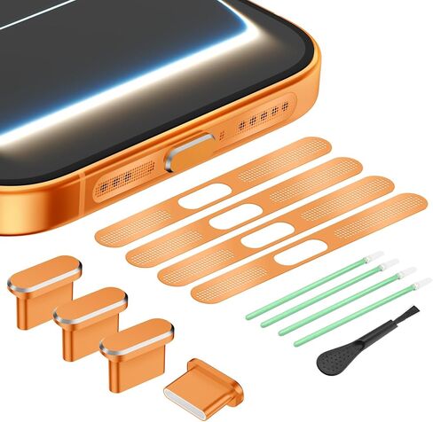 قابس غبار USB C، 4 عبوات من غطاء منفذ USB C من الألومنيوم، غطاء منفذ شحن من النوع C مع غطاء غبار مكبر صوت لهاتف iPhone 17 Pro Max، غطاء قابس من النوع C مع شبكة مكبر صوت iPhone 17 Pro Max (برتقالي كوني) in Kuwait