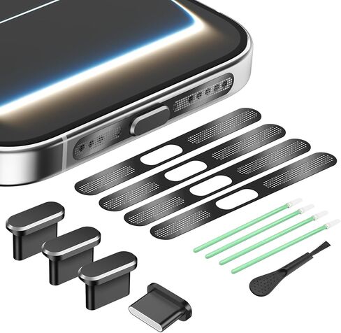 قابس غبار USB C، 4 عبوات من غطاء منفذ USB C من الألومنيوم، غطاء منفذ شحن من النوع C مع غطاء غبار مكبر صوت لهاتف iPhone 17 Pro Max، غطاء قابس من النوع C مع شبكة مكبر صوت iPhone 17 Pro Max (برتقالي كوني) in Kuwait