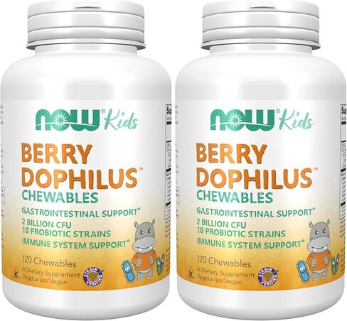 NOW Supplements, BerryDophilus™ with 2 Billion, 10 Probiotic Strains, Xylitol Sweetened, Strain Verified, 60 Chewables, packaging may vary in Kuwait