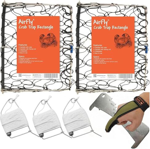 AirFly Foldable Castable Crab Trap - Crab Hawk & Crab Jaw Star Trap with Bait Clip - Portable Fishing Rod Crab Pot for Blue Crabs & Dungeness - Designed in USA (2 Trap + 3 Line Kit) in Saudi Arabia