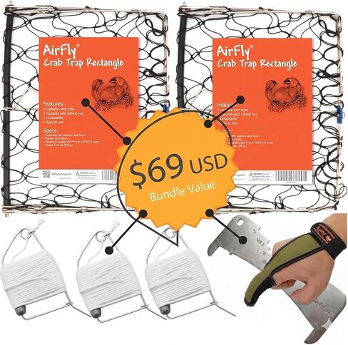 AirFly Foldable Castable Crab Trap - Crab Hawk & Crab Jaw Star Trap with Bait Clip - Portable Fishing Rod Crab Pot for Blue Crabs & Dungeness - Designed in USA (2 Trap + 3 Line Kit) in Saudi Arabia