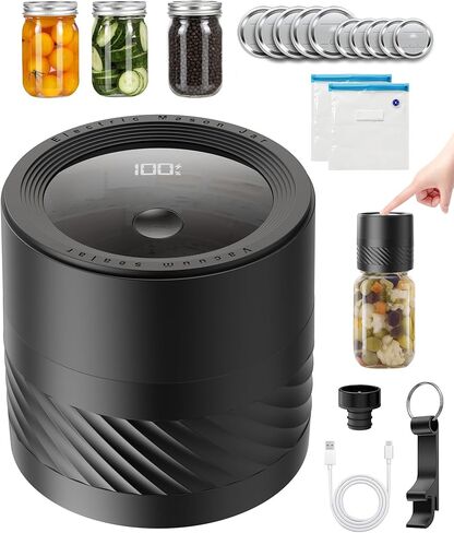Electric Mason Jar Vacuum Sealer Kit with Auto-Stop, 1200mAh Cordless Jar Vacuum Sealer for Wide & Regular Mouth Mason Jars, Portable Automatic Vacuum Sealer with 10 Lids & 2 Vacuum Bags in Saudi Arabia