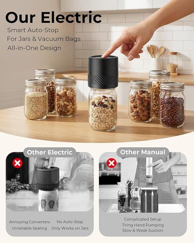 Electric Mason Jar Vacuum Sealer Kit with Auto-Stop, 1200mAh Cordless Jar Vacuum Sealer for Wide & Regular Mouth Mason Jars, Portable Automatic Vacuum Sealer with 10 Lids & 2 Vacuum Bags in Saudi Arabia
