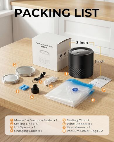 Electric Mason Jar Vacuum Sealer Kit with Auto-Stop, 1200mAh Cordless Jar Vacuum Sealer for Wide & Regular Mouth Mason Jars, Portable Automatic Vacuum Sealer with 10 Lids & 2 Vacuum Bags in Saudi Arabia