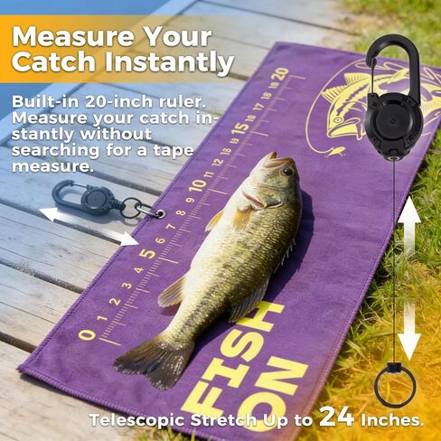 2PCS Fishing Towel with Built-in Ruler and Retractable Carabiner Clip, 25.5" X9.8 Premium Microfiber Towel for Cleaning Hands & Tackle Gear, Bass Accessories, Fishing Gifts for Men Dad in Saudi Arabia