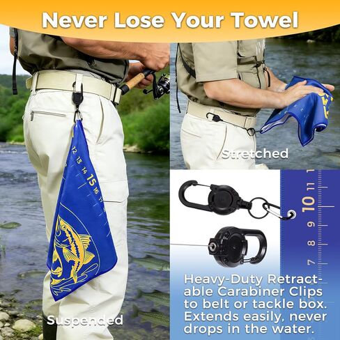 2PCS Fishing Towel with Built-in Ruler and Retractable Carabiner Clip, 25.5" X9.8 Premium Microfiber Towel for Cleaning Hands & Tackle Gear, Bass Accessories, Fishing Gifts for Men Dad in Saudi Arabia