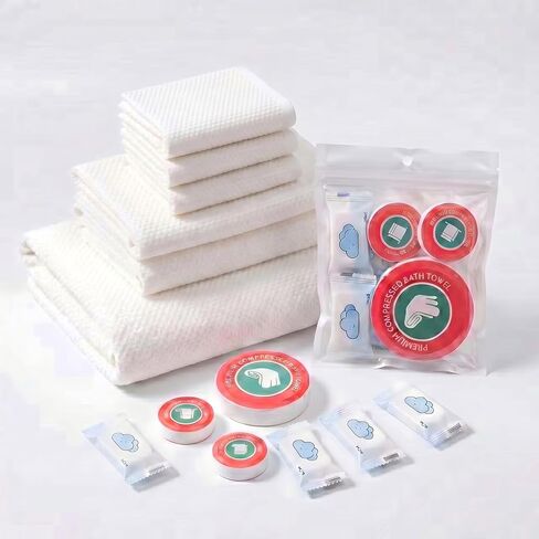 3 Sizes in 1 Pack – 7-Piece Compressed Travel Towel Set (1 Bath + 2 Hand + 4 Face), 90gsm Thick | Individually Wrapped for Gym, Hotel & Camping in Saudi Arabia