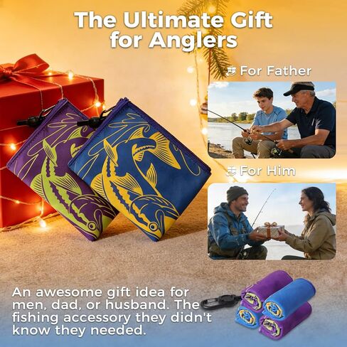 2PCS Fishing Towel with Built-in Ruler and Retractable Carabiner Clip, 25.5" X9.8 Premium Microfiber Towel for Cleaning Hands & Tackle Gear, Bass Accessories, Fishing Gifts for Men Dad in Saudi Arabia