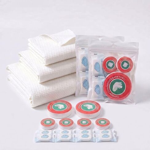 3 Sizes in 1 Pack – 7-Piece Compressed Travel Towel Set (1 Bath + 2 Hand + 4 Face), 90gsm Thick | Individually Wrapped for Gym, Hotel & Camping in Saudi Arabia