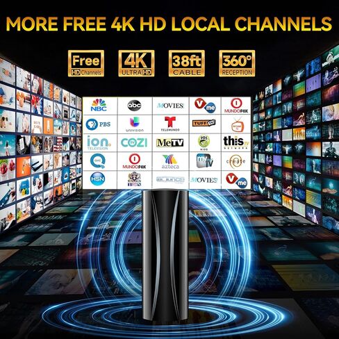 هوائي تلفزيون بمدى يزيد عن 3900 ميل، 2026 أقوى هوائي تلفزيون رقمي داخلي وخارجي مع معزز إشارة مكبر للصوت، هوائي عالي الدقة للقنوات المحلية للتلفزيون الذكي وأجهزة التلفزيون القديمة - كابل محوري بطول 38 قدمًا يدعم 8K 4K 1080p in Kuwait