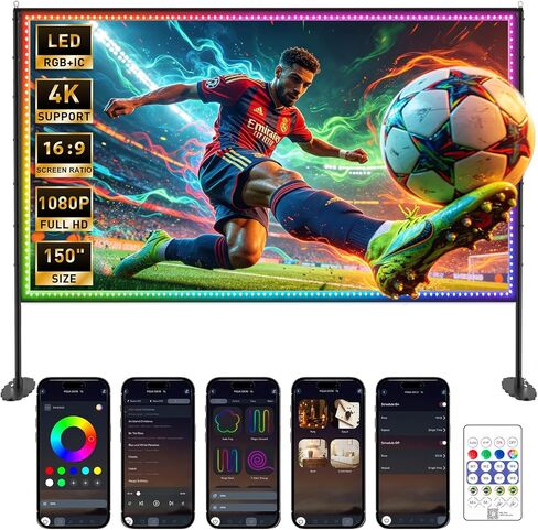 150 inch String Lights Projector Screen with Stand, USB Connection 16:9 4K HD Portable Movie Screen Indoor Outdoor,Wrinkle-Free Foldable Projection Screen for Home Theater Backyard, Office, Travel in Saudi Arabia