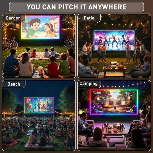 150 inch String Lights Projector Screen with Stand, USB Connection 16:9 4K HD Portable Movie Screen Indoor Outdoor,Wrinkle-Free Foldable Projection Screen for Home Theater Backyard, Office, Travel in Saudi Arabia