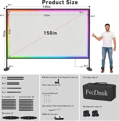 150 inch String Lights Projector Screen with Stand, USB Connection 16:9 4K HD Portable Movie Screen Indoor Outdoor,Wrinkle-Free Foldable Projection Screen for Home Theater Backyard, Office, Travel in Saudi Arabia