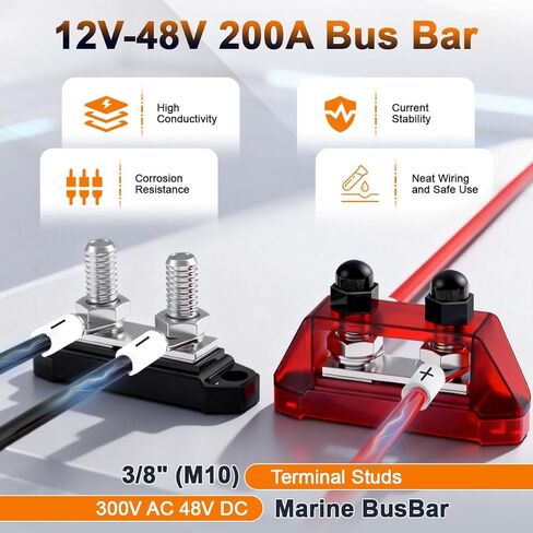 200A 12V Bus Bar, 12 Volt Power Distribution Block, 2 x 3/8" (M10) Terminal Studs 300V AC 48V DC Marine BusBar Positive & Negative for RV, Boat, Automotive, Solar System in Saudi Arabia