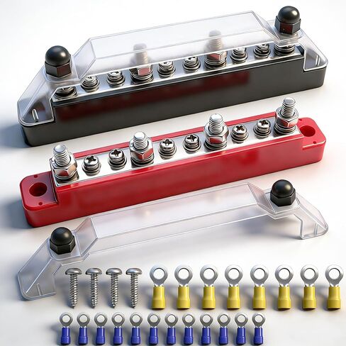 150A 12V Bus Bar Marine, 1/4" Power Distribution Block, Battery Buss Bar, Automotive Busbar Terminal Block for Car and Boat, 4 x 1/4" (M6) Posts, 6 x #8 (M4) Screws Terminals (Black+Red) in Saudi Arabia