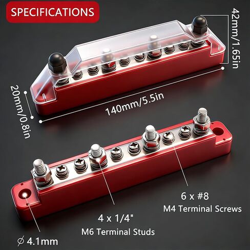 150A 12V Bus Bar Marine, 1/4" Power Distribution Block, Battery Buss Bar, Automotive Busbar Terminal Block for Car and Boat, 4 x 1/4" (M6) Posts, 6 x #8 (M4) Screws Terminals (Black+Red) in Saudi Arabia
