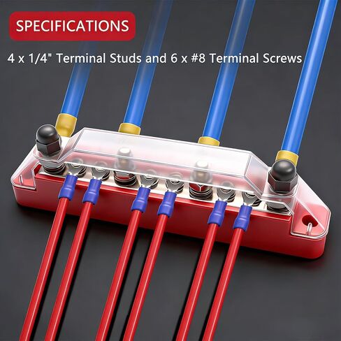 150A 12V Bus Bar Marine, 1/4" Power Distribution Block, Battery Buss Bar, Automotive Busbar Terminal Block for Car and Boat, 4 x 1/4" (M6) Posts, 6 x #8 (M4) Screws Terminals (Black+Red) in Saudi Arabia