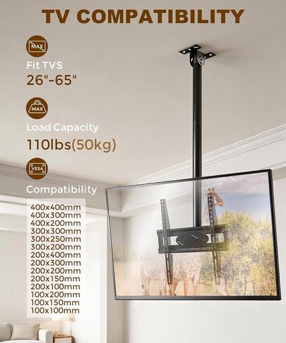 حامل تلفزيون في السقف مقاس 39 بوصة لتلفزيونات LCD LED OLED 4K مقاس 26-65 بوصة، دعامة تثبيت على السقف للتلفزيون شديدة التحمل مع عمود تمديد قابل للتعديل للارتفاع لشرفة الفناء المنزلي، بحد أقصى 400 × 400 مم، يحمل 110 رطل in Kuwait