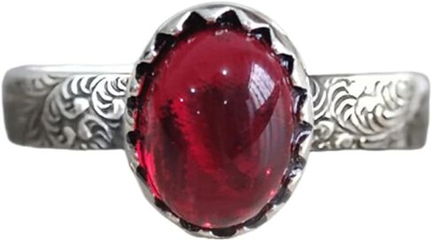 925 Sterling Silver Vintage Red Oval CZ Ring, Engraved Floral Band Red Gemstone Ring, Retro Statement Jewelry for Women, Unique Birthday in Saudi Arabia