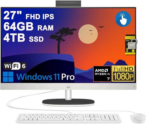 كمبيوتر مكتبي HP 27 AIO مقاس 27 بوصة FHD IPS مضاد للتوهج (99% sRGB) AMD 8-core Ryzen AI 7 350 (ما يصل إلى 50 NPU TOPS) ذاكرة وصول عشوائي 64 جيجا بايت 4 تيرابايت SSD للعمل الاحترافي للأعمال التجارية Win11Pro ICP Hub in Kuwait