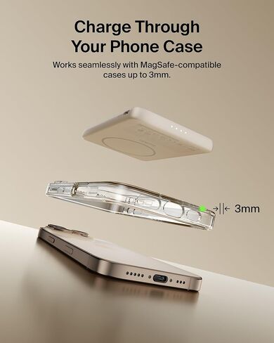 Belkin MagSafe Power Bank 5,000mAh, Ultra-Slim Portable Charger Magnetic Back Supports MagSafe Accessories On-The-Go, Wireless Battery Pack w/USB C Cable for iPhone 17, Pixel 10, Travel - Sand in Saudi Arabia