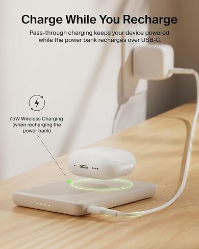 Belkin MagSafe Power Bank 5,000mAh, Ultra-Slim Portable Charger Magnetic Back Supports MagSafe Accessories On-The-Go, Wireless Battery Pack w/USB C Cable for iPhone 17, Pixel 10, Travel - Sand in Saudi Arabia