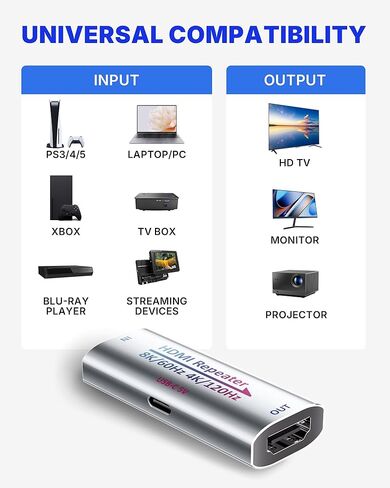 مكرر معزز HDMI 8K، مضخم إشارة نشط HDMI 2.1 يدعم موسع 8K@60 هرتز / 4K@240 هرتز، ويمتد HDMI 1080P حتى 50 مترًا لجهاز PS5، وسلسلة Xbox، وجهاز العرض، وHDCP 2.3 مع منفذ طاقة USB-C in Saudi Arabia