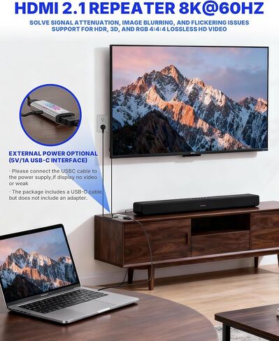 مكرر معزز HDMI 8K، مضخم إشارة نشط HDMI 2.1 يدعم موسع 8K@60 هرتز / 4K@240 هرتز، ويمتد HDMI 1080P حتى 50 مترًا لجهاز PS5، وسلسلة Xbox، وجهاز العرض، وHDCP 2.3 مع منفذ طاقة USB-C in Saudi Arabia