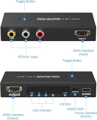 محول RCA إلى HDMI، محول محول AV إلى HDMI 2 في 1 خارج (1 RCA و1 مدخل HDMI) مع كابل HDMI يدعم 4K@30 هرتز ثلاثي الأبعاد 1080P لمشغلات VHS VCR Xbox PS4 Roku Blue-Ray DVD in Kuwait