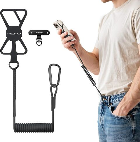 MoKo Retractable Phone Tether Lanyard, Anti-theft Cell Phone Strap with Silicone Sleeve-Fits up to 6.8" Phones, 360° Metal Tether Tab Cellphone Leash Harness for Fishing, Skiing, Kayak, Travel, Black in Saudi Arabia