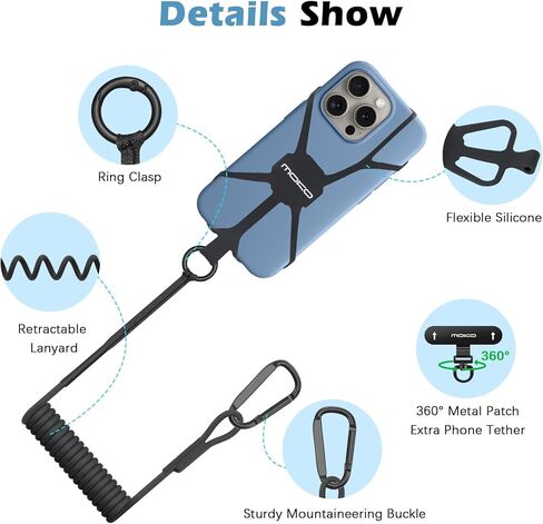 MoKo Retractable Phone Tether Lanyard, Anti-theft Cell Phone Strap with Silicone Sleeve-Fits up to 6.8" Phones, 360° Metal Tether Tab Cellphone Leash Harness for Fishing, Skiing, Kayak, Travel, Black in Saudi Arabia
