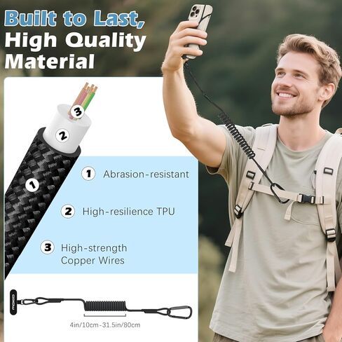 MoKo Retractable Phone Tether Lanyard, Anti-theft Cell Phone Strap with Silicone Sleeve-Fits up to 6.8" Phones, 360° Metal Tether Tab Cellphone Leash Harness for Fishing, Skiing, Kayak, Travel, Black in Saudi Arabia