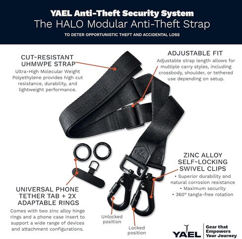 YAEL Halo Black Adjustable Cut-Resistant Anti-Theft Security Strap with Locking Clips for Phone, Camera, Bag, Wallet, Keys & More, Includes 2 Hinge Rings & Phone Case Insert in Saudi Arabia