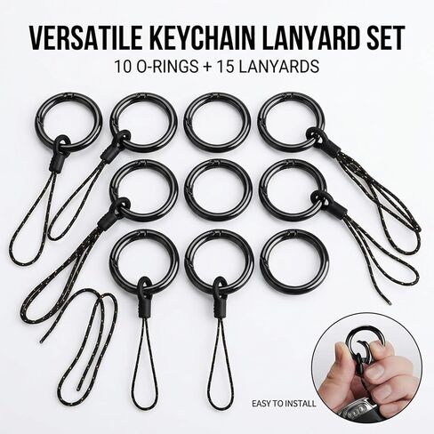 Metal Spring O-Ring Set with Lanyards, 10 Pack Grey 24mm Rings and 15 Pack Black 2.5-inch Nylon Wrist Straps, for Key, Bag, Purse, Handbag, Buckle, Mobile Phone in Saudi Arabia