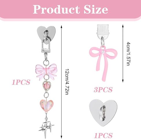 4Pcs Cute Charms Set, Including Dust Plug Charm Type C/USB C, Heart Grip Holder, Bling Keychains with Hook Accessories, Charms Compatible for E-Reader/Phone in Saudi Arabia