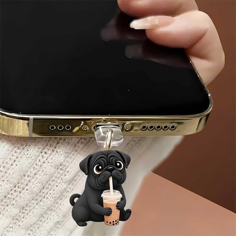 Pug with Tea Dust Plug Acrylic Charms for electronic products,Type-C Charging Port Dust Plugs Pendant Compatible with E-Reader Phone Tablet, Gift for Christmas, Birthday, Anniversary Day in Saudi Arabia