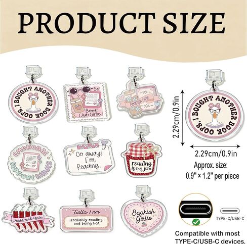 Type C Dust Plug Charm 9 Pack for Kindle, Cute Pink Bookish Girlie USB C Charging Port Pendant Dust Cover Compatible with Phone Tablet E-Reader, Book Lover Reading Gifts Accessories for Women Men Students in Saudi Arabia