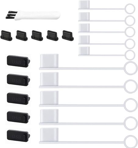 20PCS Anti Dust Cover USB A USB C Port Anti Loss Tether Cable Plugs Caps Silicone Soft Snugly Oxidation Protection for Phone Computer Laptop Charging Station (Black) in Kuwait