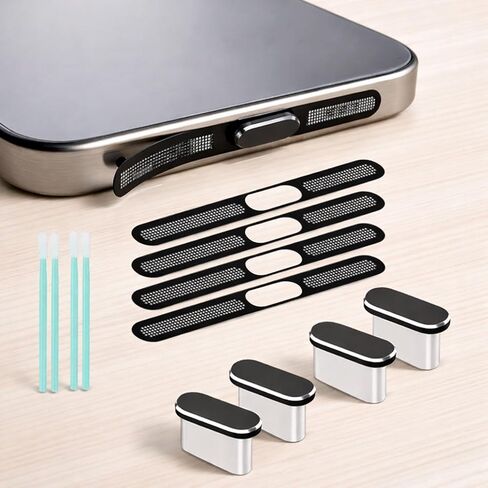 4 Pack USB C Type C Charging Port Plug Caps, Speaker Dust Covers Comnpatible with iPhone 17/16/15, with 4 Speaker Mesh Cleaning Sets, Silver in Saudi Arabia