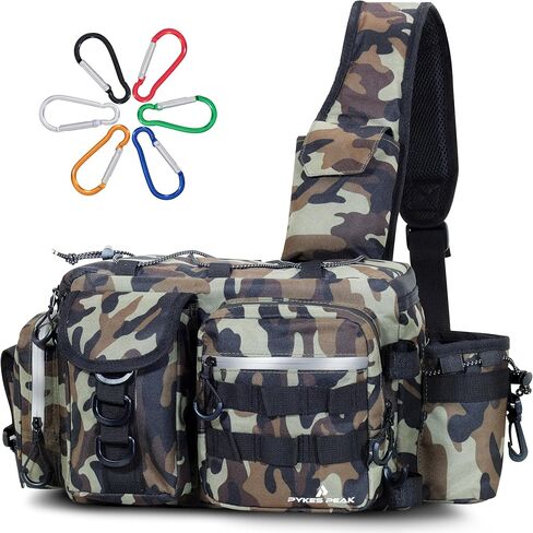 PYKES PEAK Fishing Bag | Waterproof Tackle Bag with Large Capacity | Includes 6 Carabiners | Versatile Fishing Shoulder Bag | Olive | L Size - Designed in Japan in Saudi Arabia