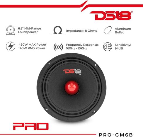 مكبر صوت DS18 2X PRO-GM8B - 8 بوصة، متوسط ​​المدى، رصاصة ألومنيوم حمراء، 580 وات بحد أقصى، 190 وات RMS، 8 أوم - مكبرات صوت باب صوت عالية الجودة لنظام صوت ستيريو للسيارة أو الشاحنة (مكبران) (متجدد)، أسود in Kuwait