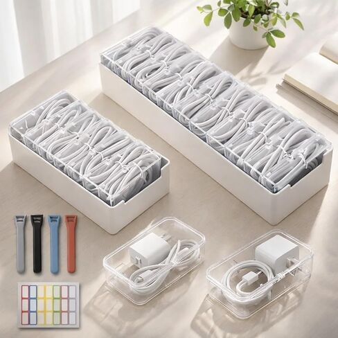 KUGUA 2 Pack Cable Organizer Box Set with 7 and 11 Clear Cases for Charging Cables, Chargers, Earphones and Small Accessories, Includes Cable Ties and Labels for Home, Desk and Drawer in Saudi Arabia