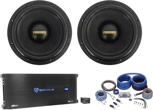حزمة Rockville Punisher 12D1: (2) Punisher 12D1 12 بوصة Peak 5600W/RMS 1400W Dual 1-Ohm منافسة مكبرات الصوت، dBcomp4 3000W RMS Mono Amplifier، RWK0CU 0 AWG 100% مجموعة تركيب أمبير نحاسية، 4 عناصر in Saudi Arabia