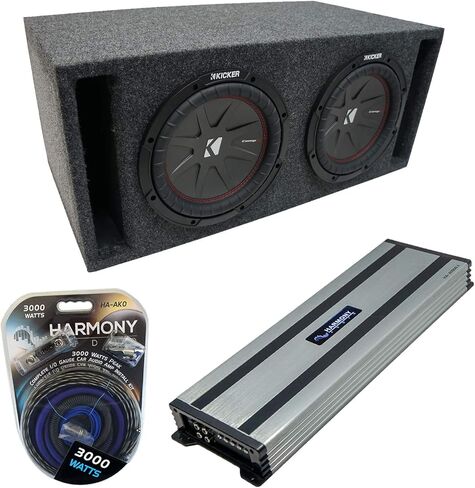 Harmony Audio HA-A1500.1 Universal Class D Mono 3000W Sub Amp, 43CWR102 10" CompR CWR10 Series 400W RMS 2 Ohm DVC Sub & 2X10VMBASS Car Audio Dual 10" SPL Bass Subwoofer Labyrinth Vent Sub Box Stereo in Saudi Arabia