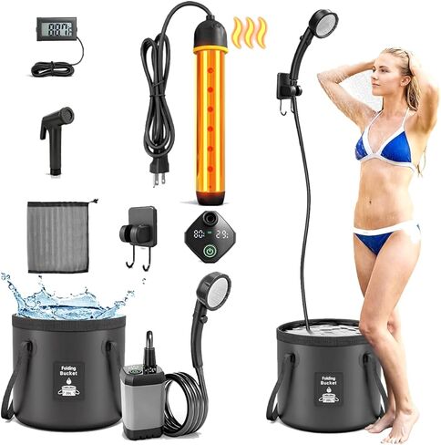 2026 Upgraded Portable Shower with Heater for Camping, 6000mAh Rechargeable Camping Shower Pump with LED Display, 3 Spray Modes 5 Gal Foldable Bucket, Outdoor Shower for Travel RV Pet Bath Car Washing in Saudi Arabia