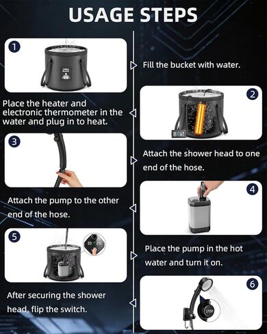 2026 Upgraded Portable Shower with Heater for Camping, 6000mAh Rechargeable Camping Shower Pump with LED Display, 3 Spray Modes 5 Gal Foldable Bucket, Outdoor Shower for Travel RV Pet Bath Car Washing in Saudi Arabia