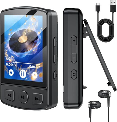 مشغل MP3 Fohil مع بلوتوث 5.2، مشغل MP3 محمول بسعة 64 جيجابايت مع مشبك، مشغل موسيقى MP3 صغير مع سماعات أذن وراديو FM وقراءة الكتب الإلكترونية ومكبر صوت HiFi، أفضل هدية لمحبي الموسيقى in Kuwait