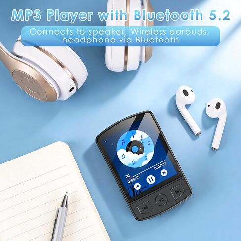 مشغل MP3 Fohil مع بلوتوث 5.2، مشغل MP3 محمول بسعة 64 جيجابايت مع مشبك، مشغل موسيقى MP3 صغير مع سماعات أذن وراديو FM وقراءة الكتب الإلكترونية ومكبر صوت HiFi، أفضل هدية لمحبي الموسيقى in Kuwait